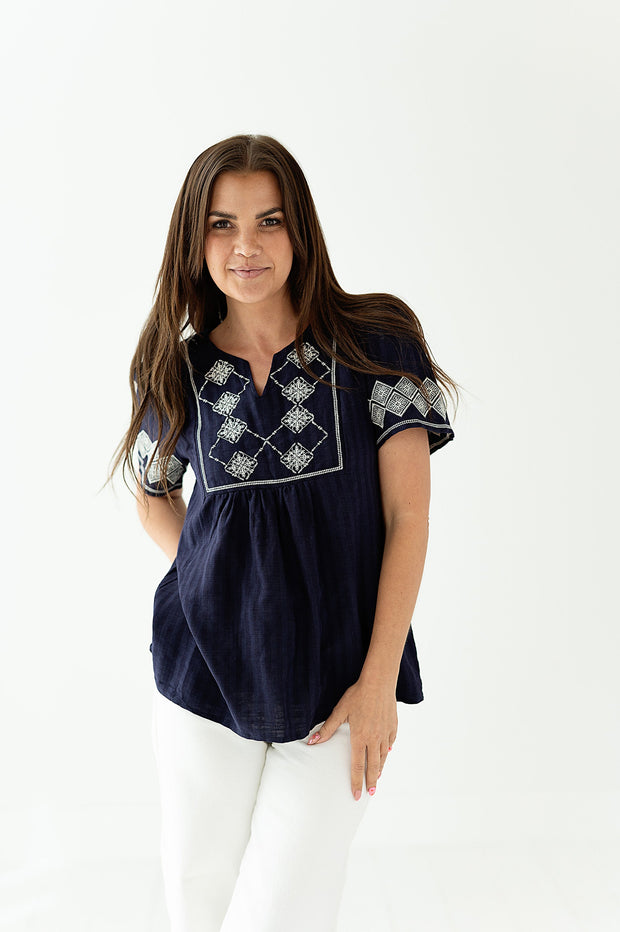Santorini Embroidered Top in Navy