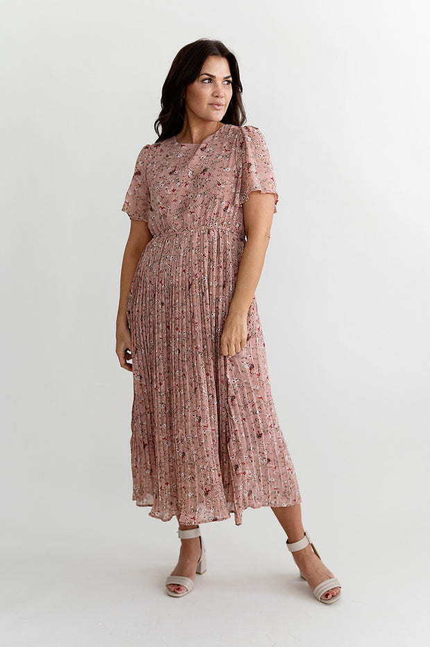 Evelyn Pleated Dress in Rose