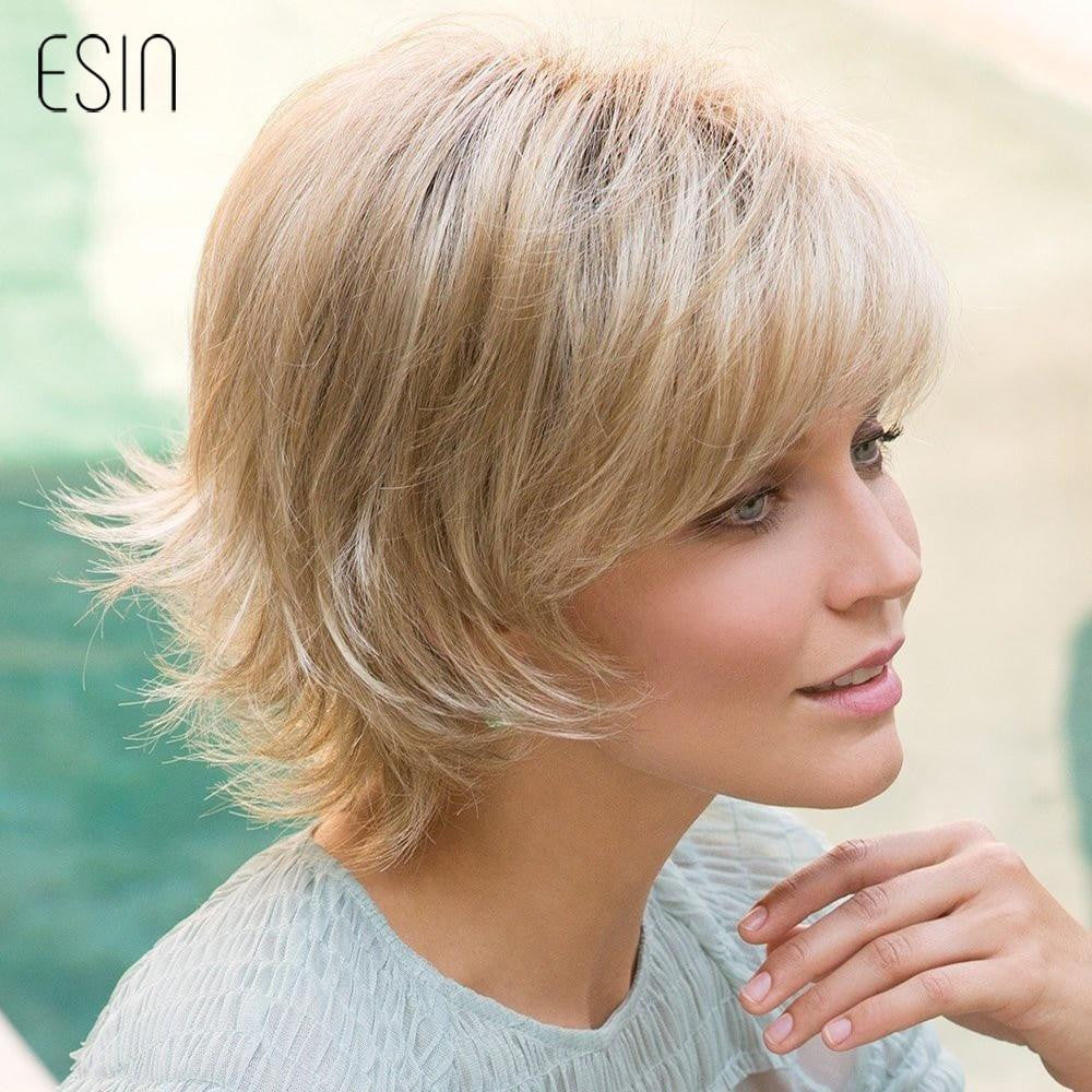 Esin Short Hair Wig Pixie Cut Natural Wavy Fluffy Layered Wigs With Bangs Women Short Blonde Imitation Top Wigs Free Shipping