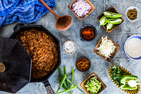 Dry Aged Beef Chili with toppings