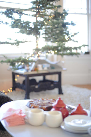 pear skillet cake on table near christmas tree