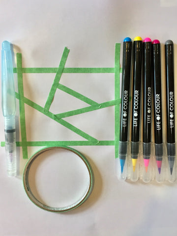 what you need to make a geometric pattern with washi tape and life of colour watercolour pens