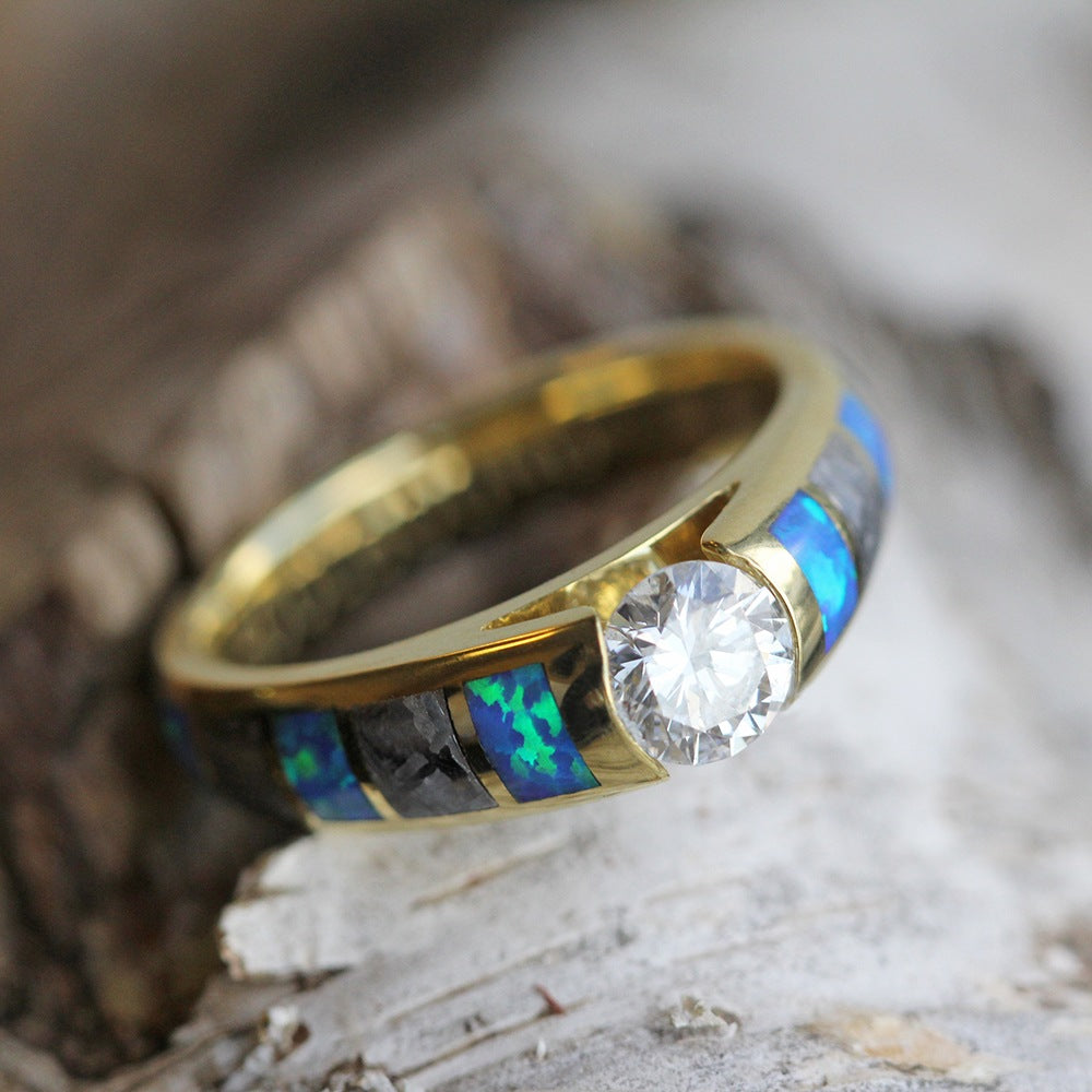 Diamond Engagement Ring, Meteorite And Opal Inlays in Yellow Gold-3409 - Jewelry by Johan