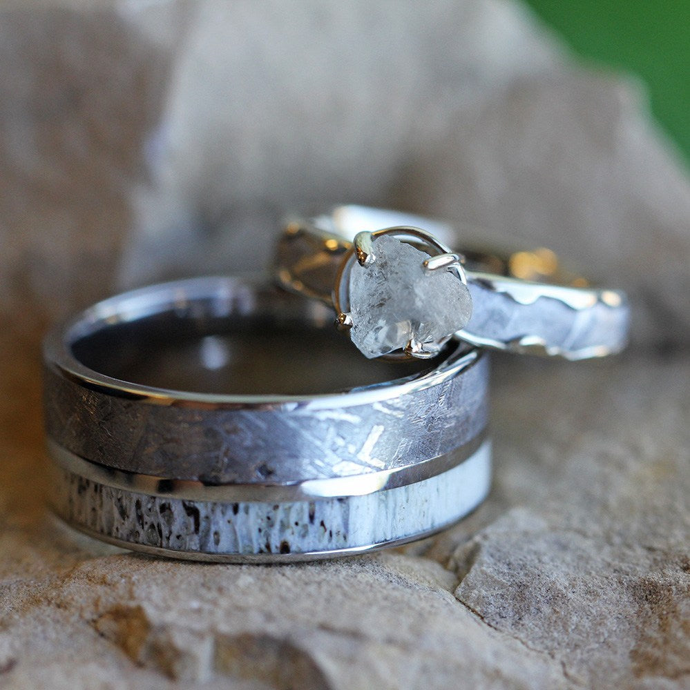 Meteorite Wedding Ring Set With Rough Diamond Engagement Ring