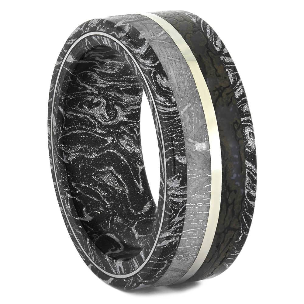 Black and White Mokume Gane Ring with Meteorite, Dinosaur Bone-1654 - Jewelry by Johan