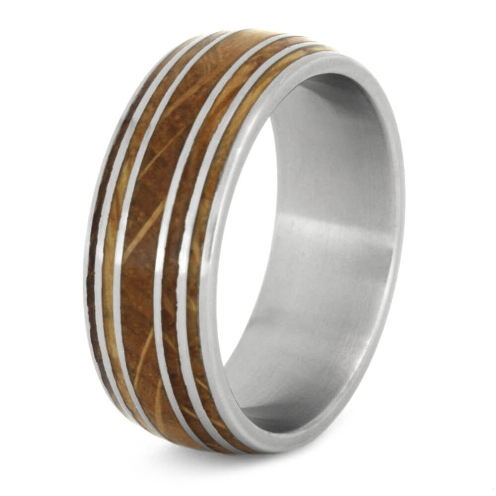 Authentic Oak Wood Whiskey Barrel Ring With Titanium Pinstripes-1656 - Jewelry by Johan