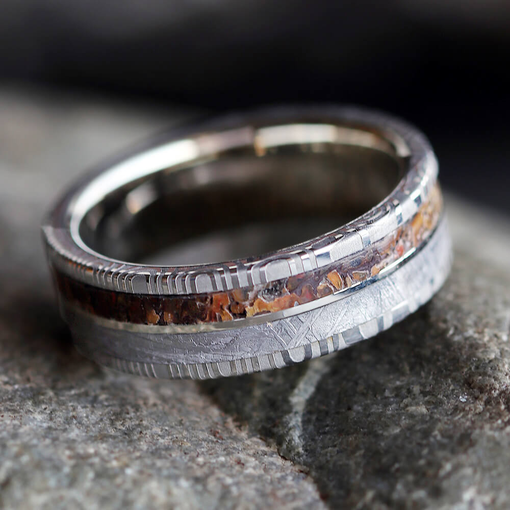 Damascus Men's Wedding Band with Meteorite and DInosaur Bone