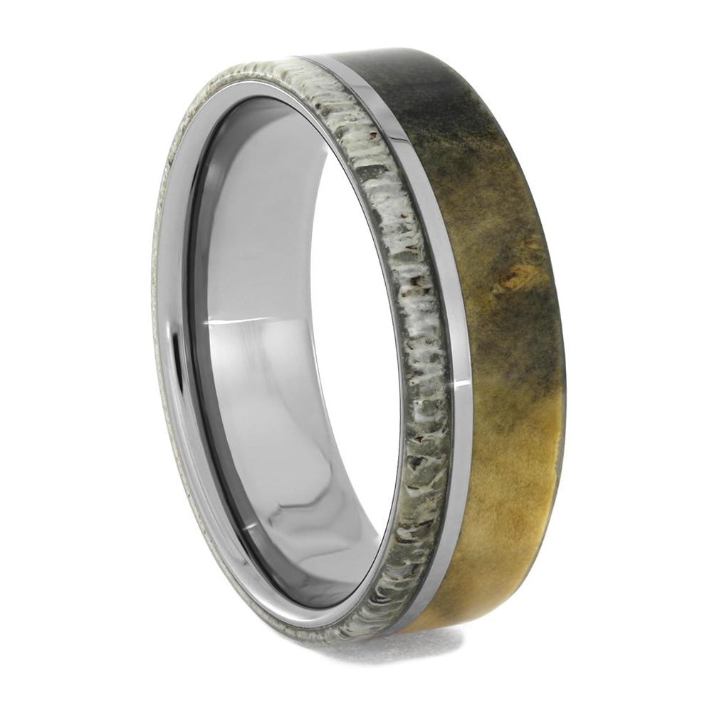 Buckeye Burl Wood And Antler Ring In Tungsten, Size 13.25-RS9389 - Jewelry by Johan