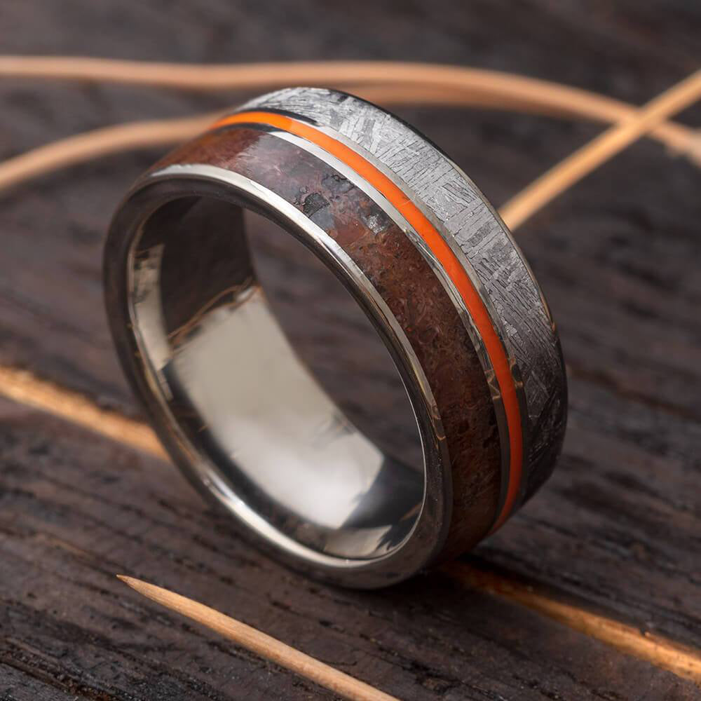 Titanium Ring With Dinosaur Bone, Meteorite & Orange Enamel-2122 - Jewelry by Johan