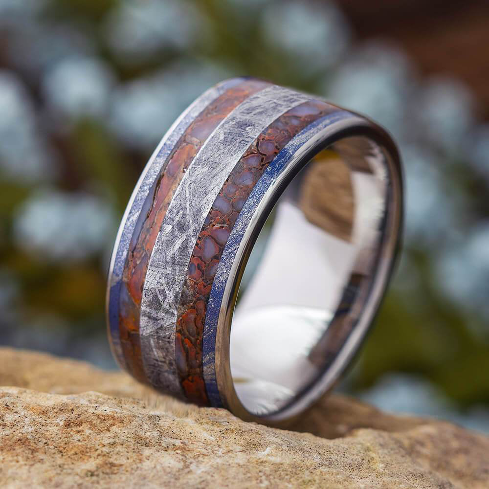 Mens Wedding Band With Meteorite And Dinosaur Bone, Fossil Ring-2143 - Jewelry by Johan