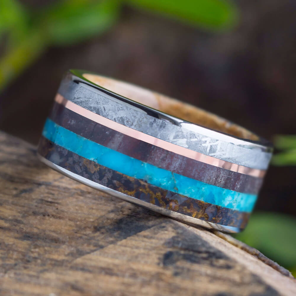 Amazing Men's Wedding Band With Wood, Dinosaur Bone, Turquoise, Meteorite and Gold Pinstripe