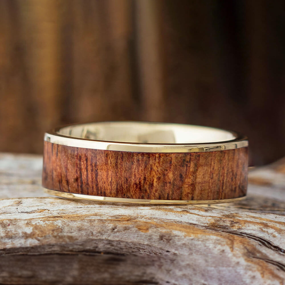 Natural Koa Wood Wedding Band with Polished Gold - Jewelry by Johan