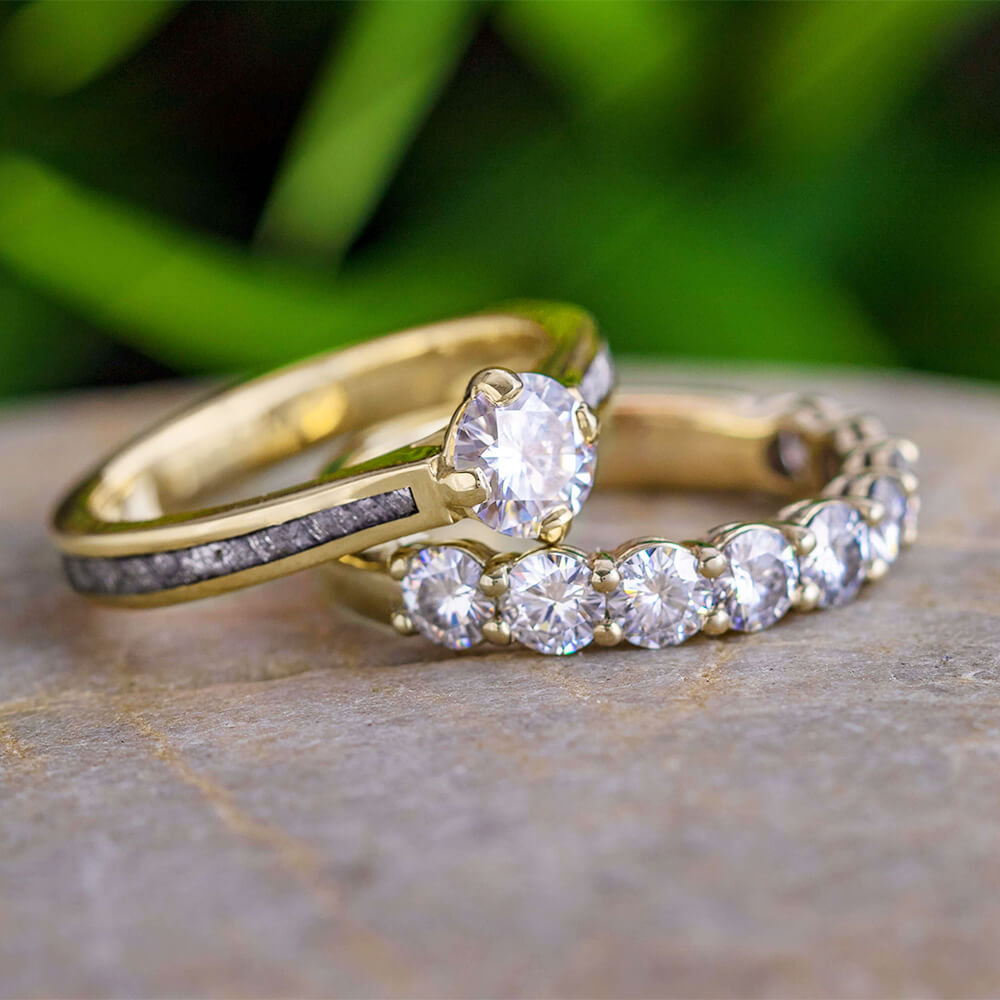 Meteorite Engagement Ring with Matching Yellow Gold Eternity Band