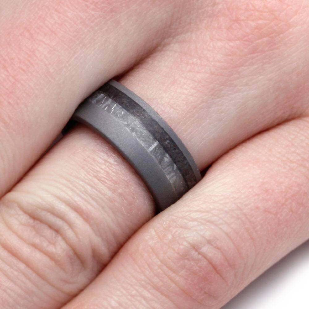 Sandblasted Titanium Ring With Meteorite And Dinosaur Bone-3108 - Jewelry by Johan