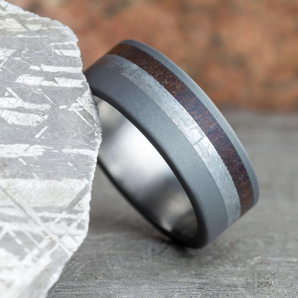 Sandblasted Titanium Ring With Meteorite & Dinosaur Bone-3108 - Jewelry by Johan