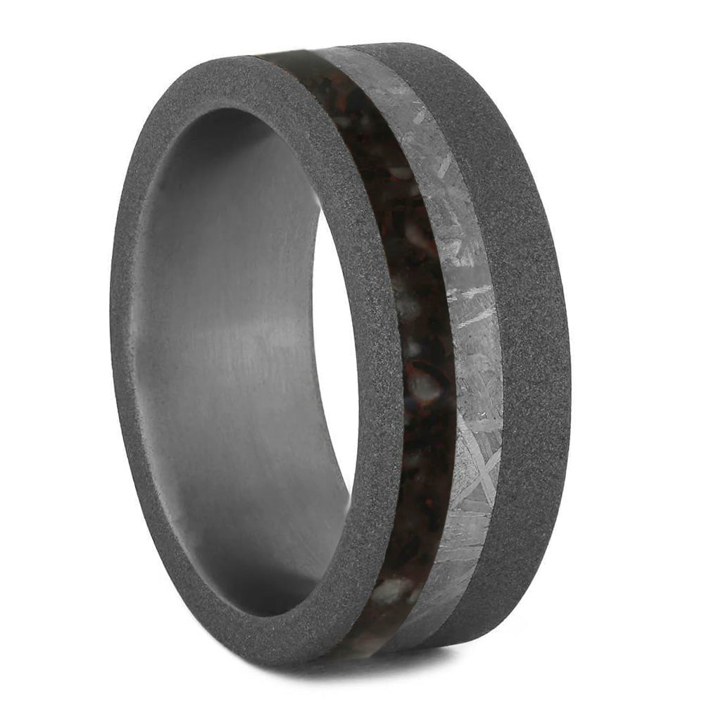 Meteorite & Dinosaur Bone Ring in Sandblasted Titanium - Jewelry by Johan