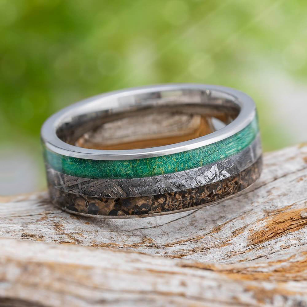 Titanium Ring With Meteorite, Dinosaur Bone, And Green Wood-3190 - Jewelry by Johan