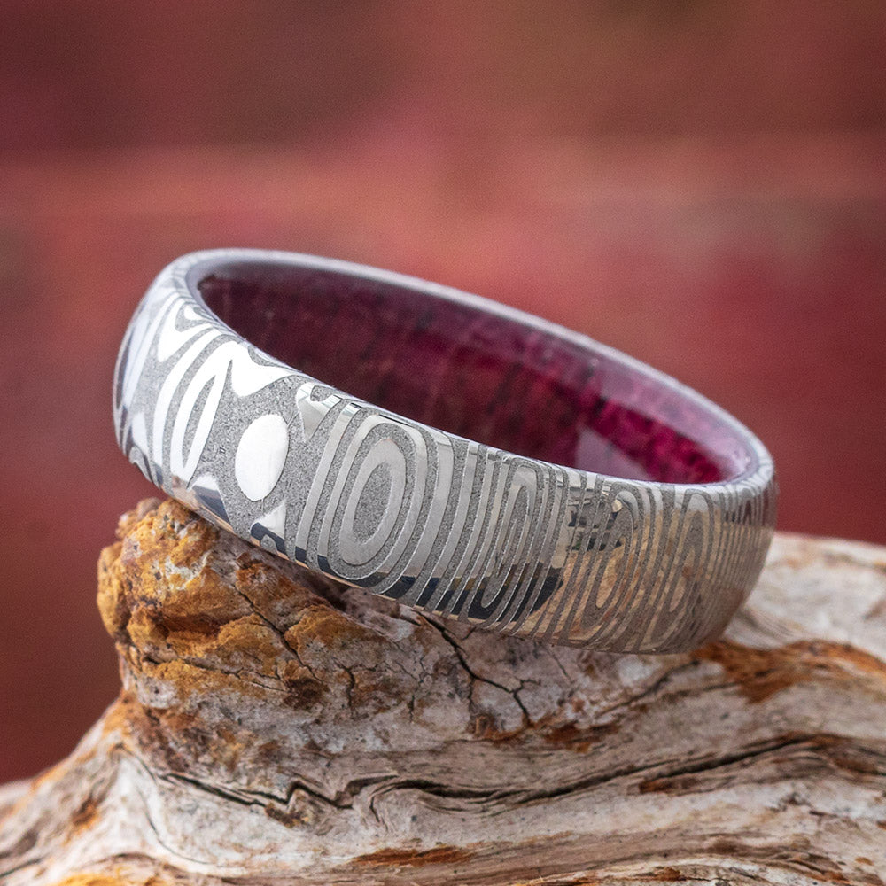 Damascus Wedding Band With Purple Heart Wood Sleeve-3232 - Jewelry by Johan