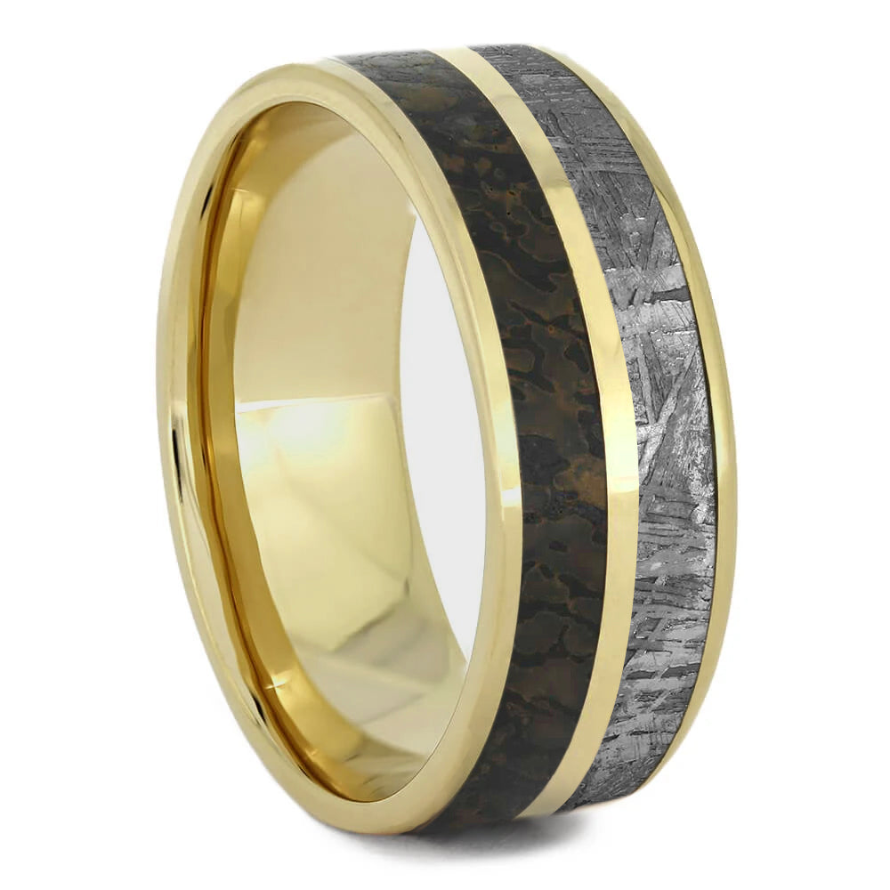 Solid Gold Dinosaur Bone & Meteorite Men's Wedding Band