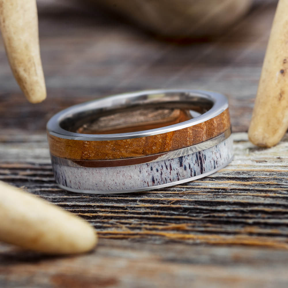 Whiskey Barrel Wood & Antler Ring