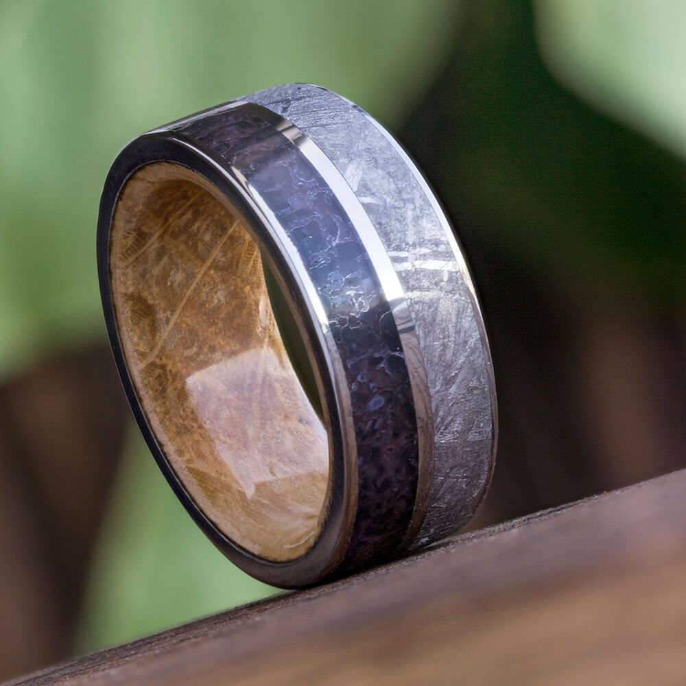 Meteorite Ring, Dinosaur Bone Wedding Band With Whiskey Barrel Sleeve-3426 - Jewelry by Johan