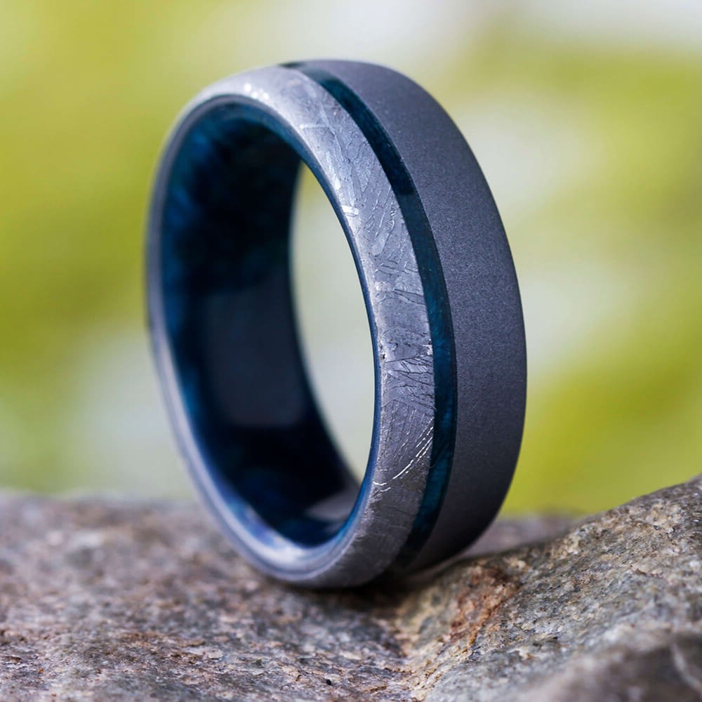 Blue Men's Wedding Band with Meteorite