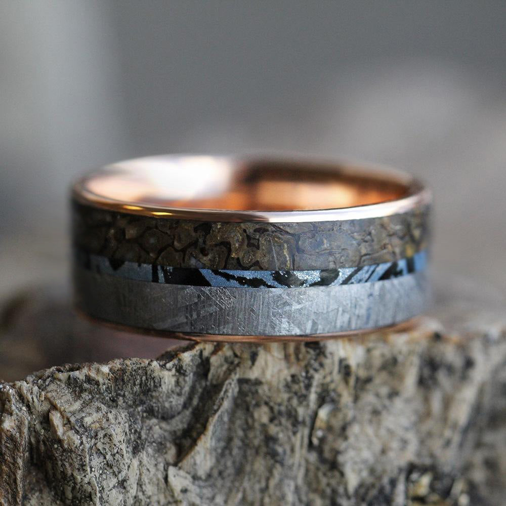 Mokume, Meteorite & Dino Bone Men's Wedding Band in Solid Gold