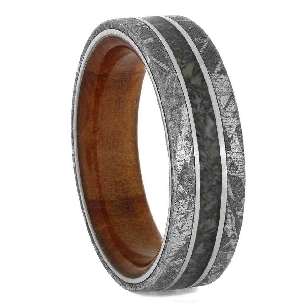 Dinosaur Bone Men's Ring With Meteorite, Wood Sleeve - Jewelry by Johan