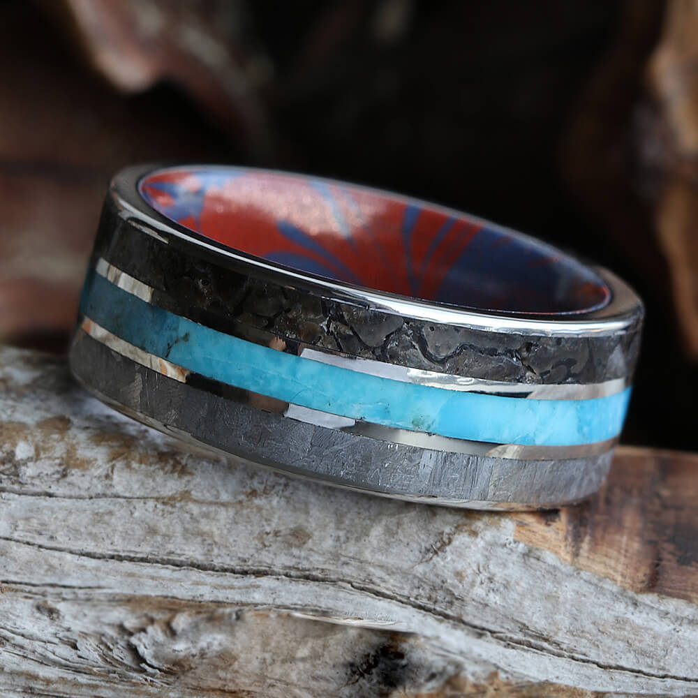 Unique Men's Wedding Band With Meteorite Turquoise and Dinosaur Bone