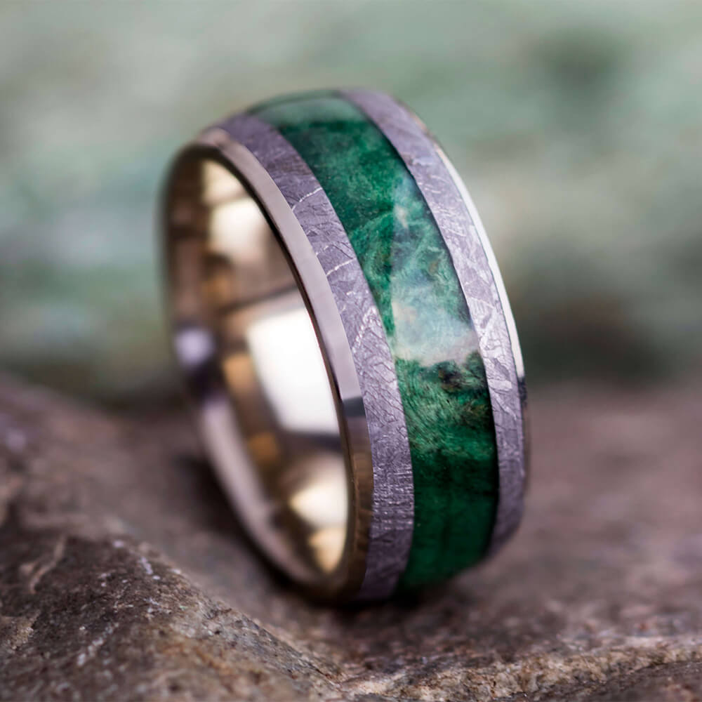 Green Men's Wedding Band with Meteorite