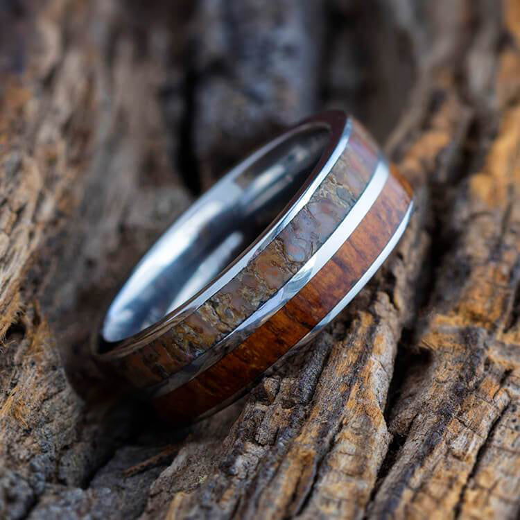 Titanium Dinosaur Bone Ring With Wood-3761 - Jewelry by Johan