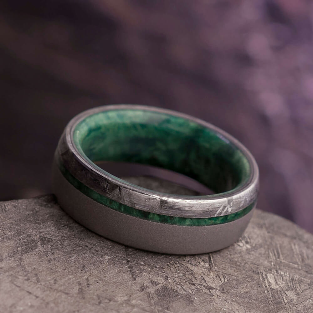 Sandblasted Men's Wedding Band With Green Box Elder Wood And Meteorite-3858 - Jewelry by Johan