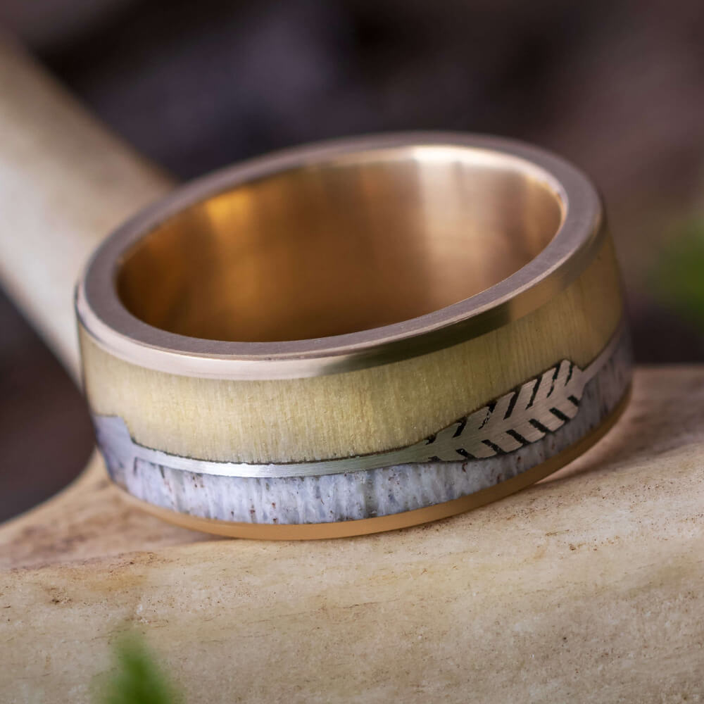 Gold Arrow Wedding Band with Aspen Wood