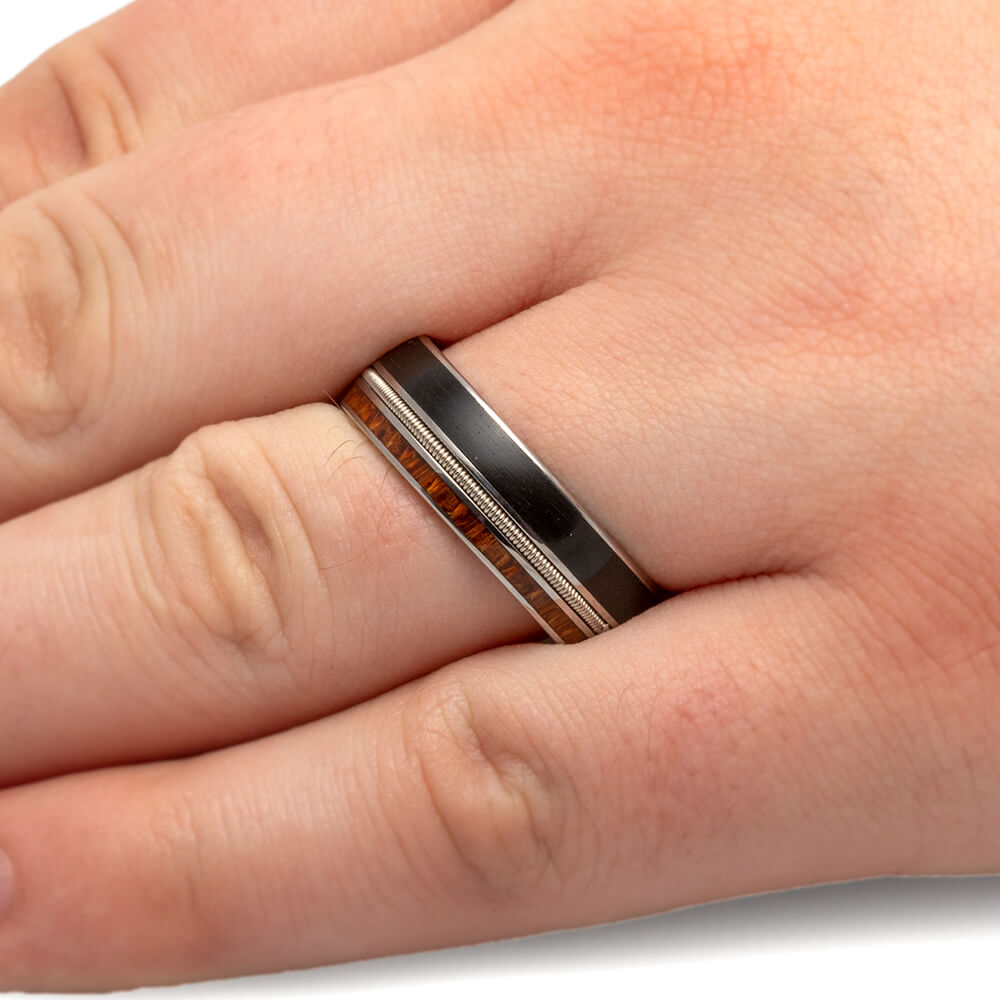 Guitar String Ring made with Vinyl LP Record, Red Palm Wood Wedding Band-3961 - Jewelry by Johan