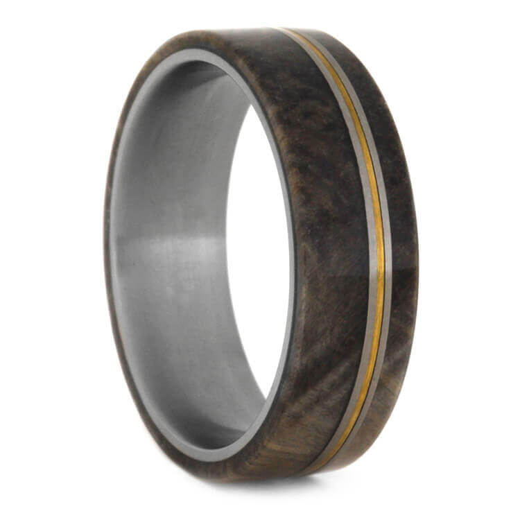 Buckeye Burl Wood Band With Mixed Metal Pinstripes, Size 13-RS9376 - Jewelry by Johan