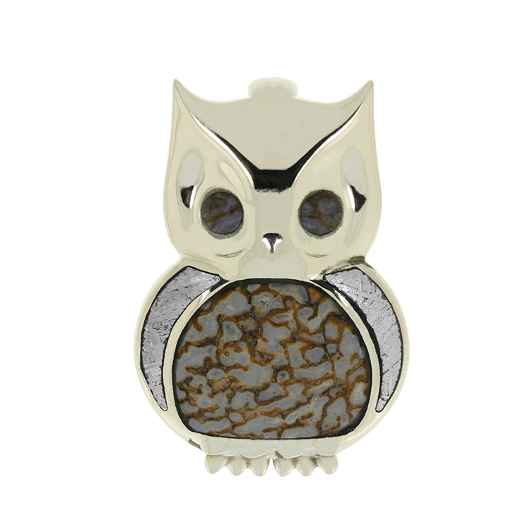 Owl Pendant in White Gold With Dinosaur Bone and Meteorite-4008 - Jewelry by Johan