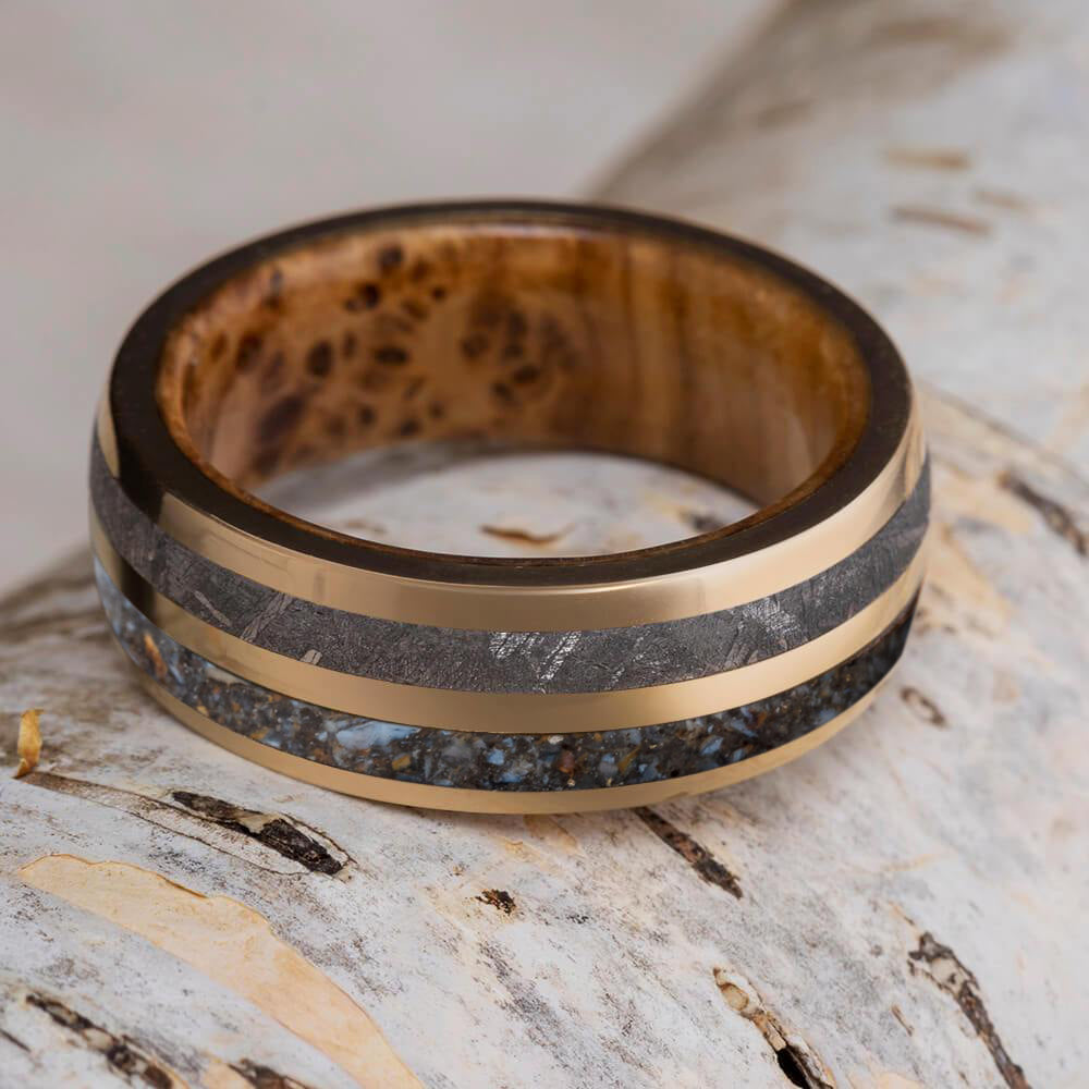 Dinosaur Bone, Meteorite, and Yellow Gold Wedding Band with Wood Sleeve-4046 - Jewelry by Johan