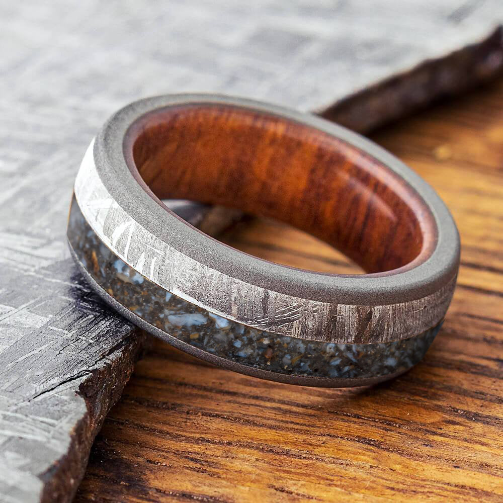 Men's Meteorite Wedding Band with Dinosaur Bone and Wood Sleeve-4063 - Jewelry by Johan