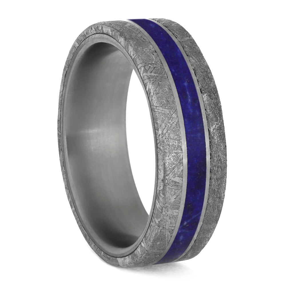 Lapis Lazuli Men's Wedding Band With Meteorite Edges Separated By Titanium-4200 - Jewelry by Johan