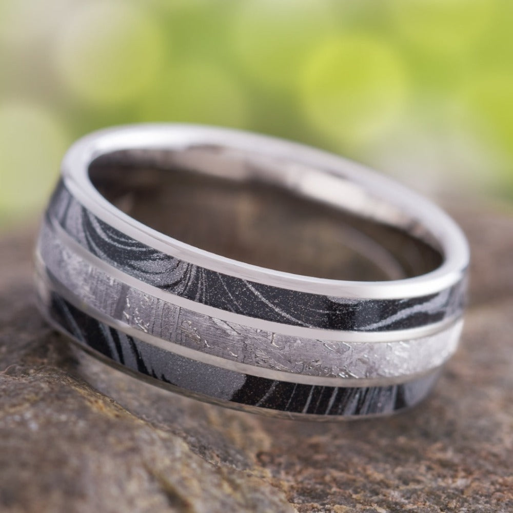 Black And White Mokume Men's Wedding Band With Meteorite-4241 - Jewelry by Johan