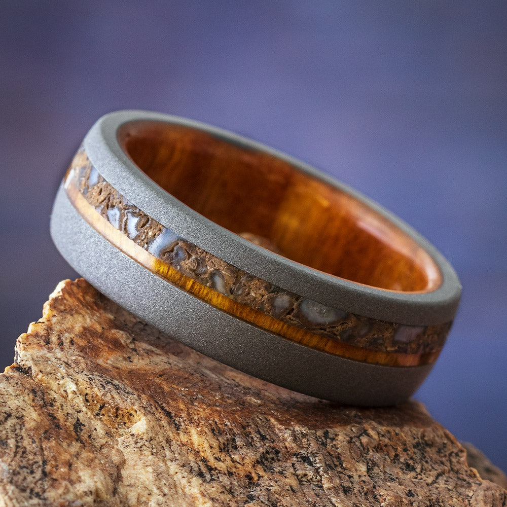 Lignum Vitae Wood Wedding Band with Dinosaur Bone-4456 - Jewelry by Johan