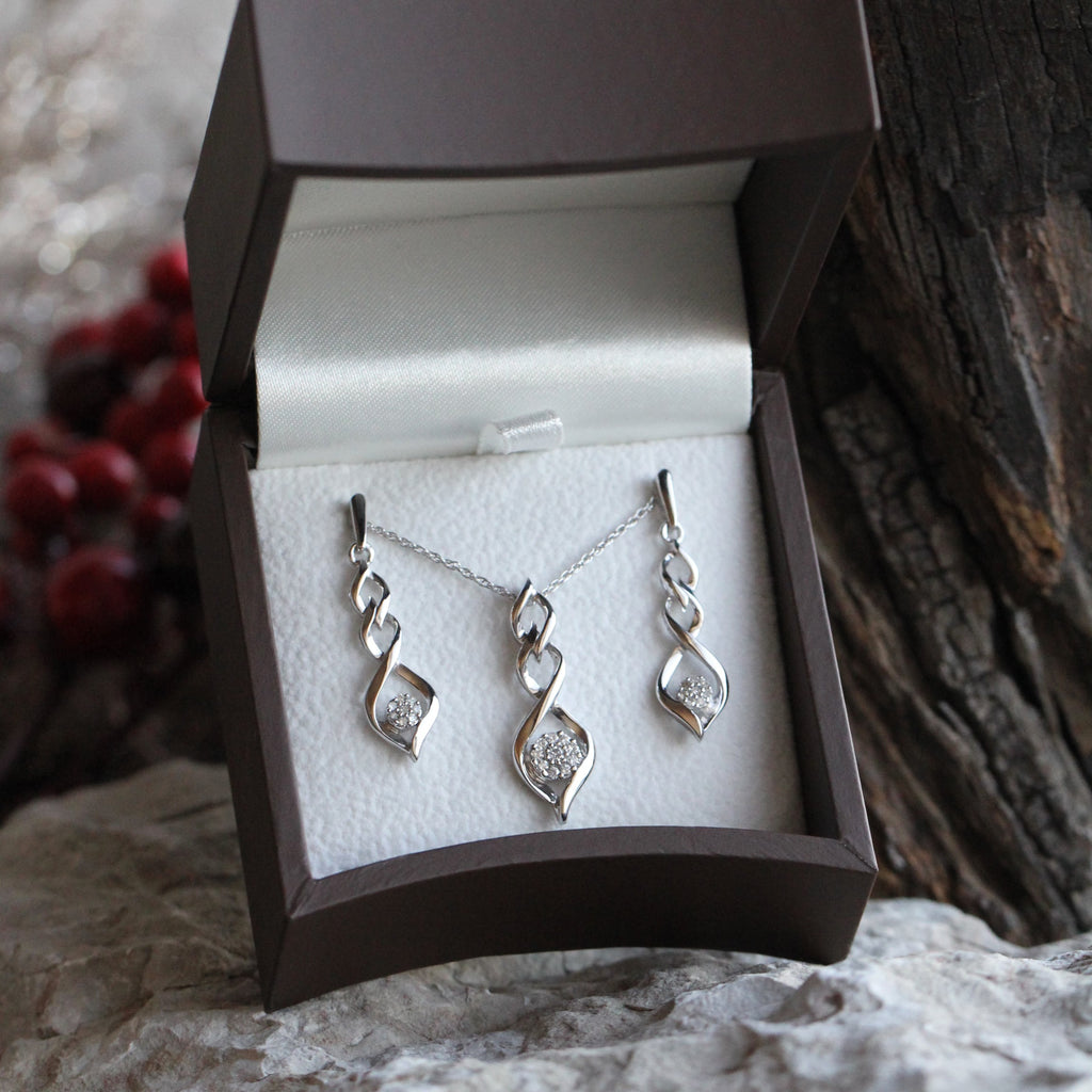 Diamond Twist Earrings and Necklace Gift Set in Sterling Silver-SHGS3007 - Jewelry by Johan