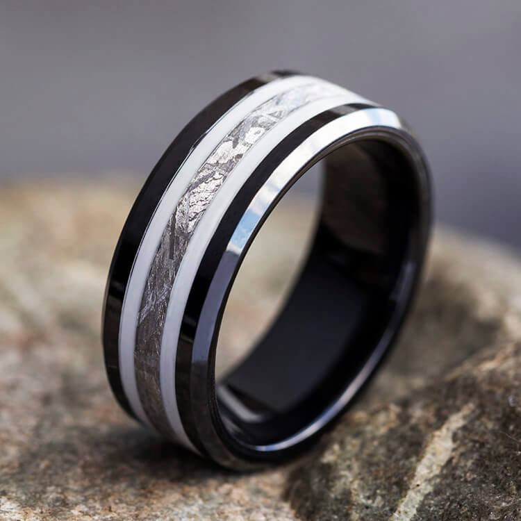 Meteorite Ring With White Enamel Pinstripes-2630WH - Jewelry by Johan