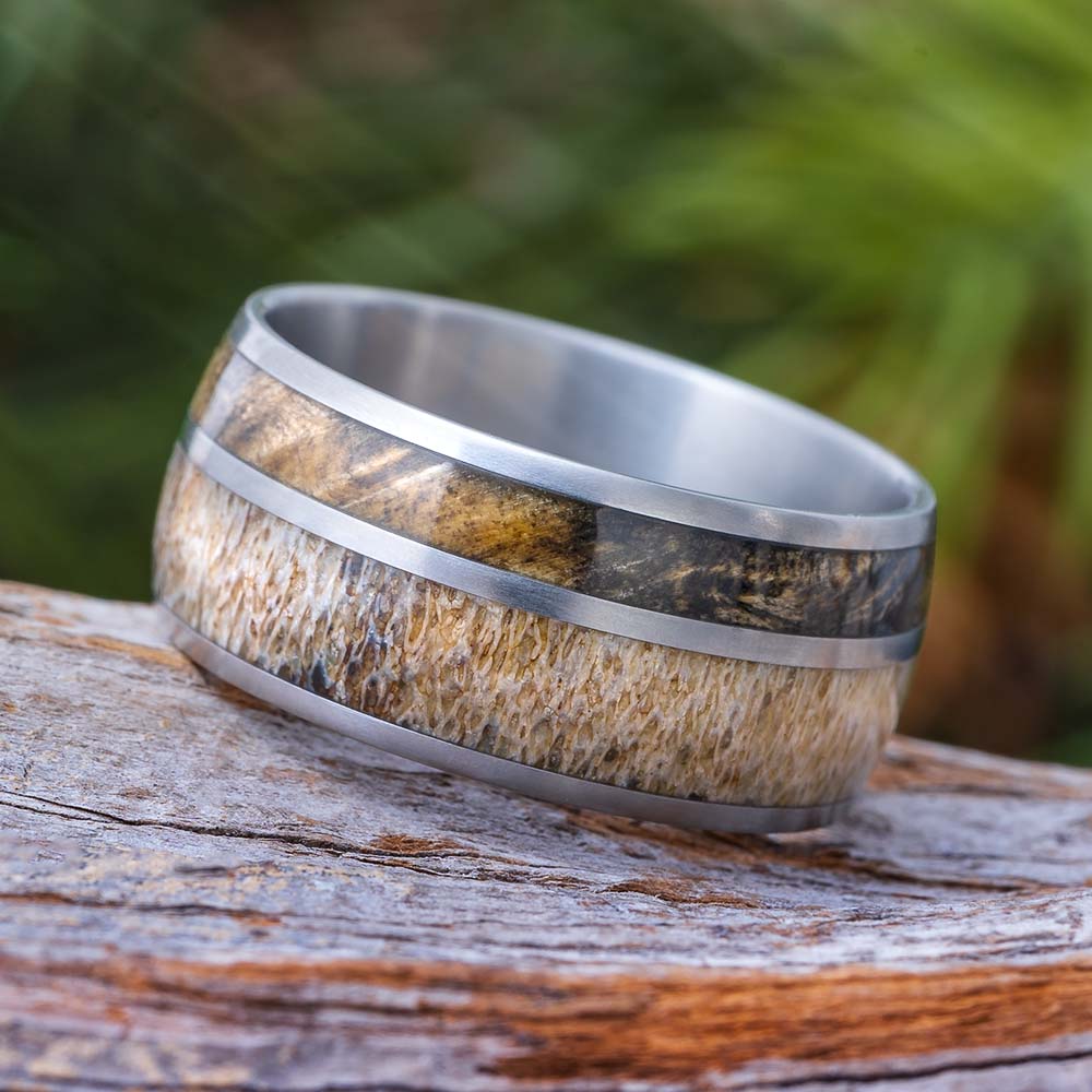 Buckeye Burl Wood and Deer Antler Wedding Band