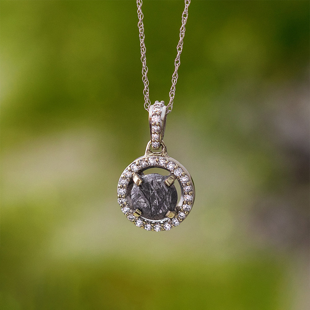 Meteorite & Diamond Halo Pendant Necklace With Accented Bail 
