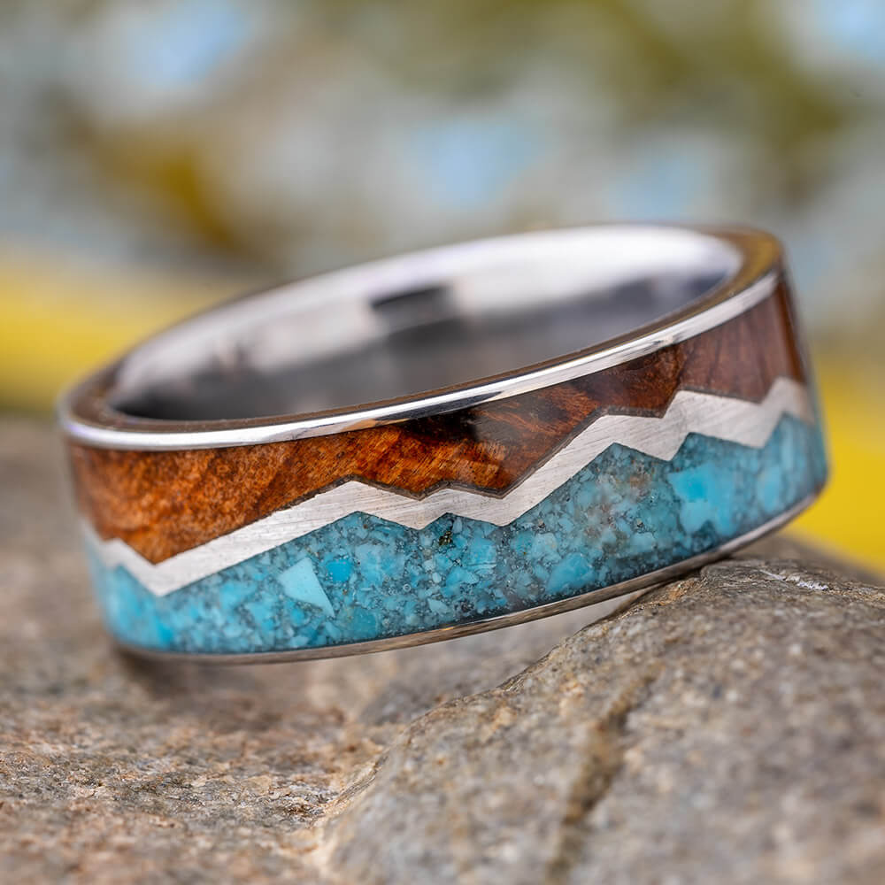 Turquoise Ring With Redwood and Silver Zig Zag in Titanium-1928 - Jewelry by Johan