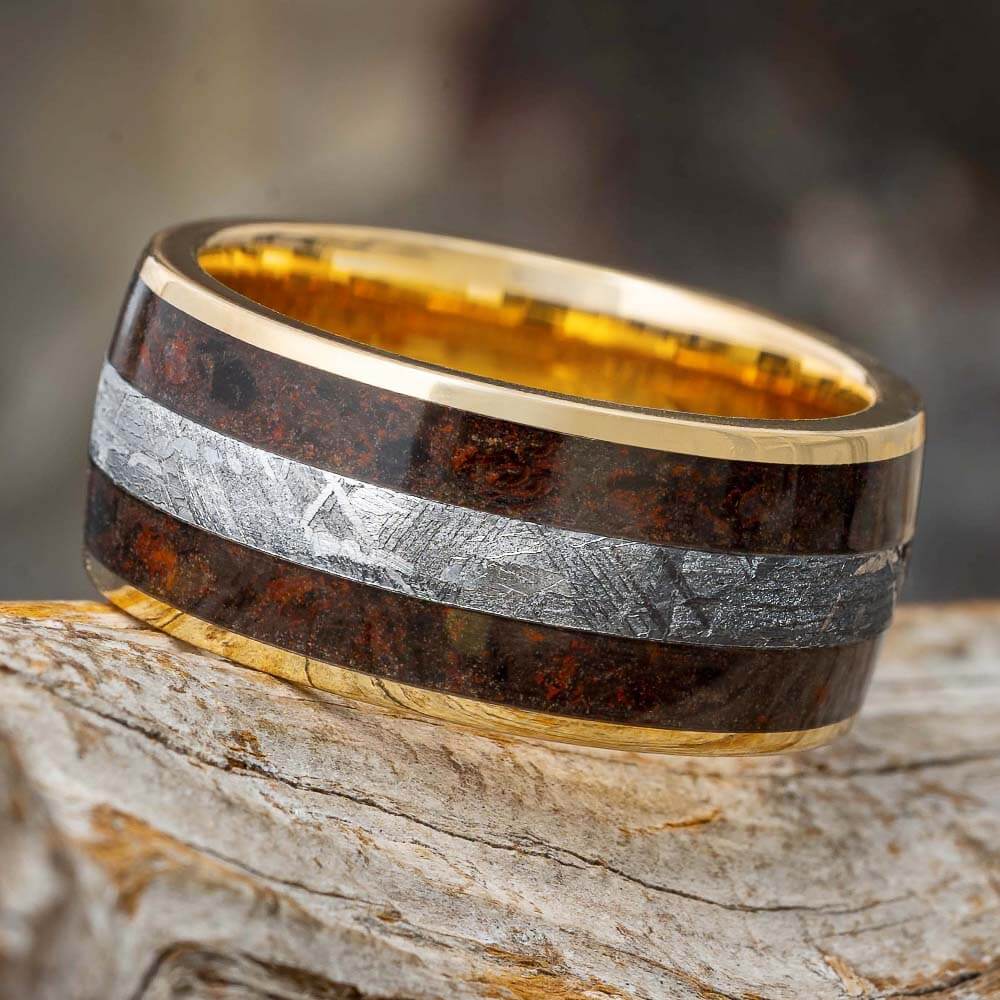 Dinosaur Bone Wedding Band with Meteorite