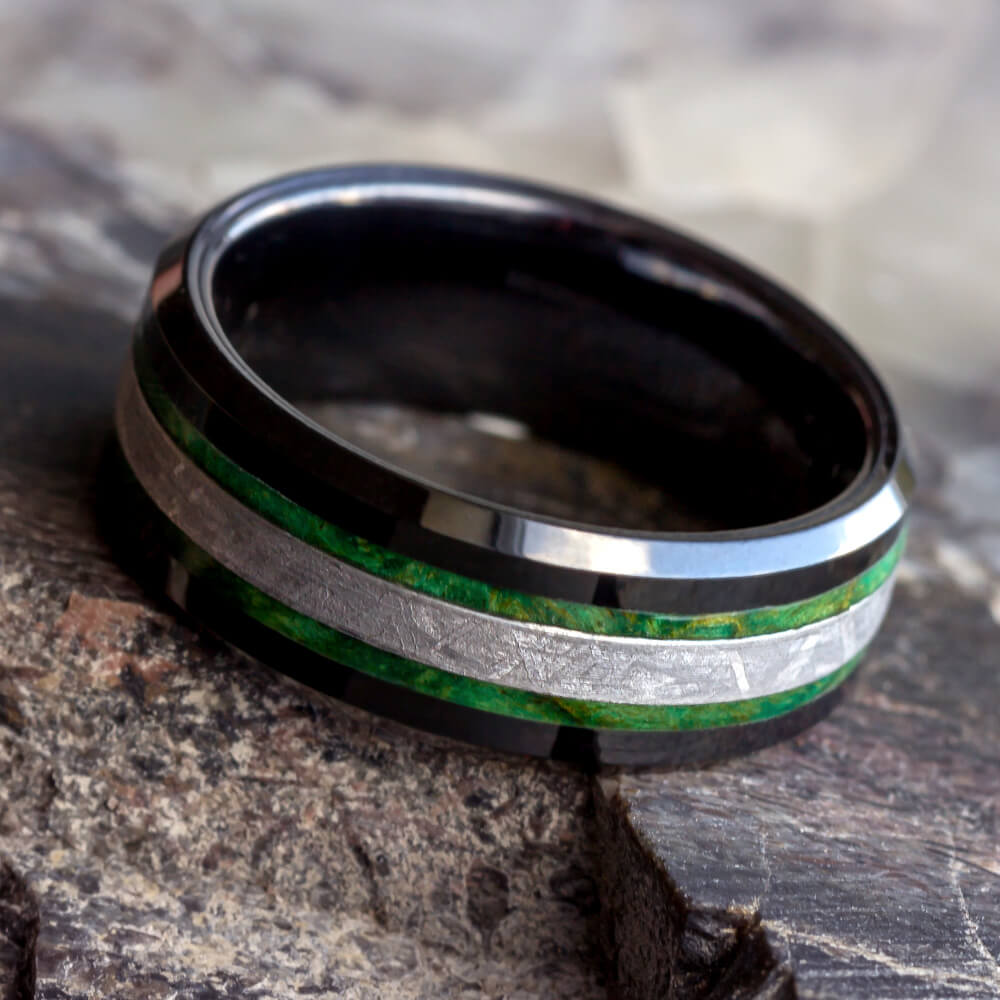 Black Ceramic Ring with Meteorite & Wood Inlays - JBJ