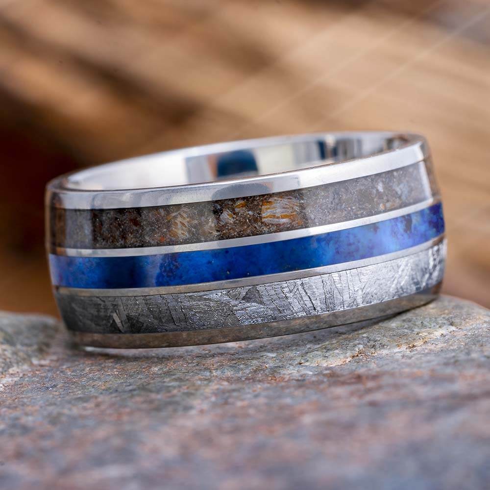 Meteorite Ring with Crushed Dinosaur Bone and Lapis