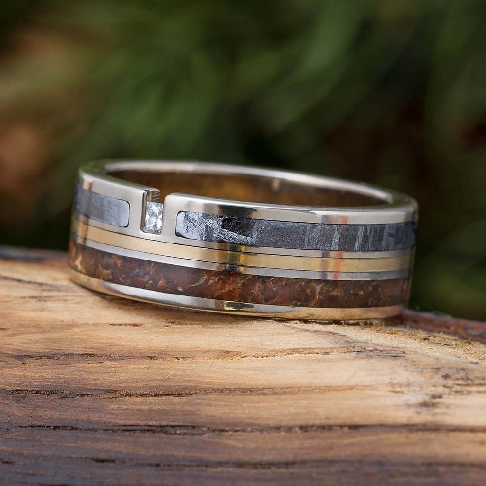 Meteorite Wedding Band with Dinosaur Bone